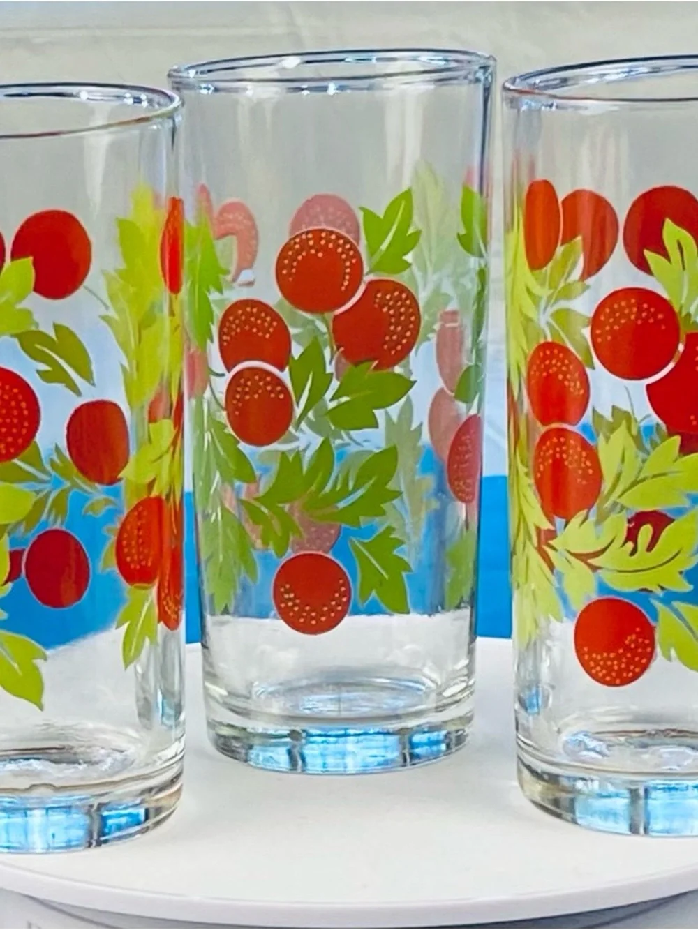 Vintage Cherry-Print Highball Juice Glasses - Set of 3  with T&W stamp